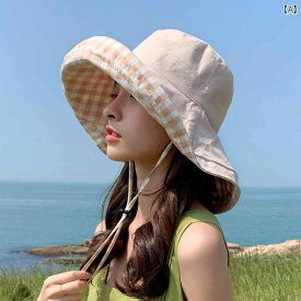 両面 チェック 柄の フィッシャーマン ハット、 女性の 春 夏の 折りたたみ 式 サンバイザー、 顔を 覆う大きな つばの 日よけ 帽子、 韓国 版 トレンディ