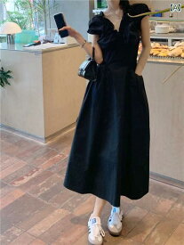 フレンチ ヘップバーン スタイル 菌 V ネック ドレス 女性の ための 夏の レトロな 気質 黒 ウエスト A ライン スカート ミッド レングス スカート