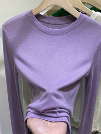 レディースファッション 紫色の長袖 T シャツ 婦人 服 2023 春と 秋 糸 Tシャツとボトリング シャツ スリムフィット トップ