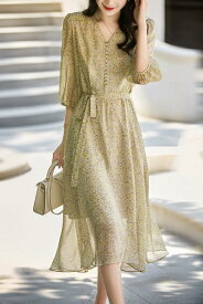 韓国 ファッション ワンピース ロング ロングワンピース 長袖 Vネック 婦人 服 今年 人気の シフォン ドレス フランスの 優しい スタイル 美しい 花柄 スカート