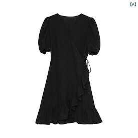 フレンチ ドレス デザイン センス ニッチ V ネック パフスリーブ ウエスト小さな 黒スカート 女性