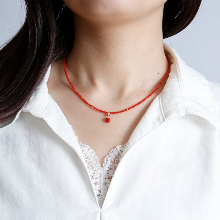 K18YG 本赤珊瑚 プチネックレス C0.55ct ラウンド 45mm 立ち止まっ 