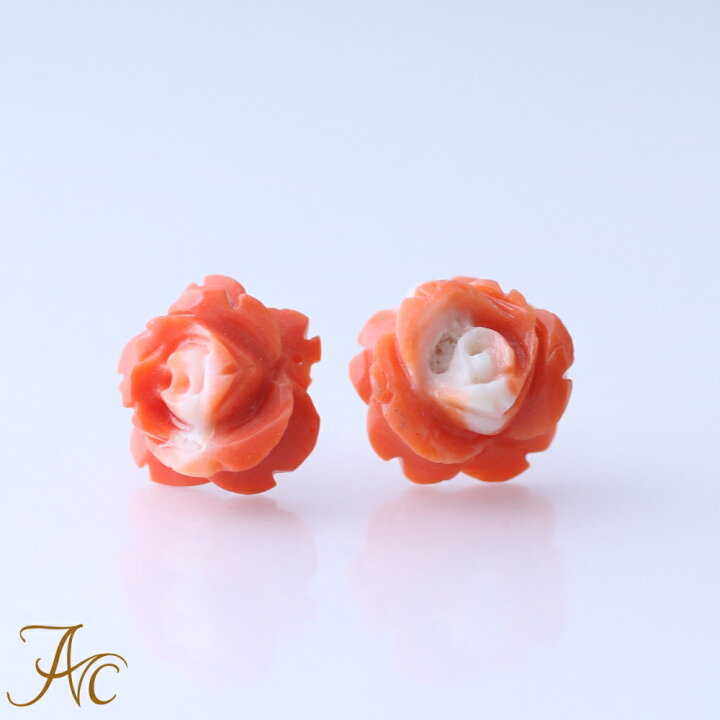 K18 イヤリング 薔薇 バラ モチーフ 珊瑚 サンゴ コーラル - イヤリング 