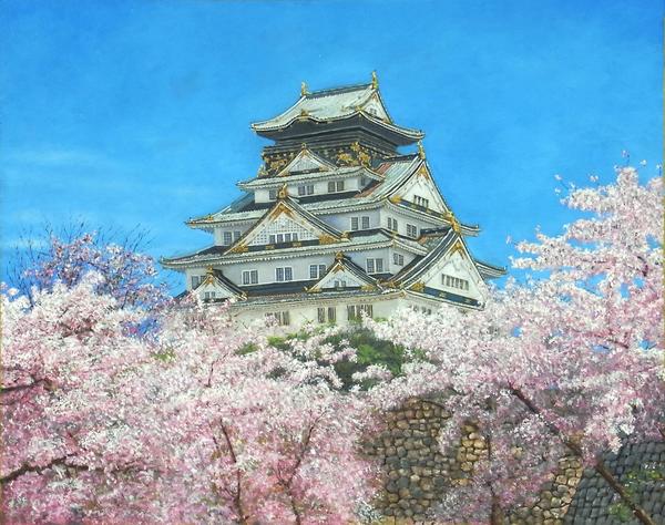 油絵 大阪城と桜 MA113：絵画制作専門ユーラシアアート