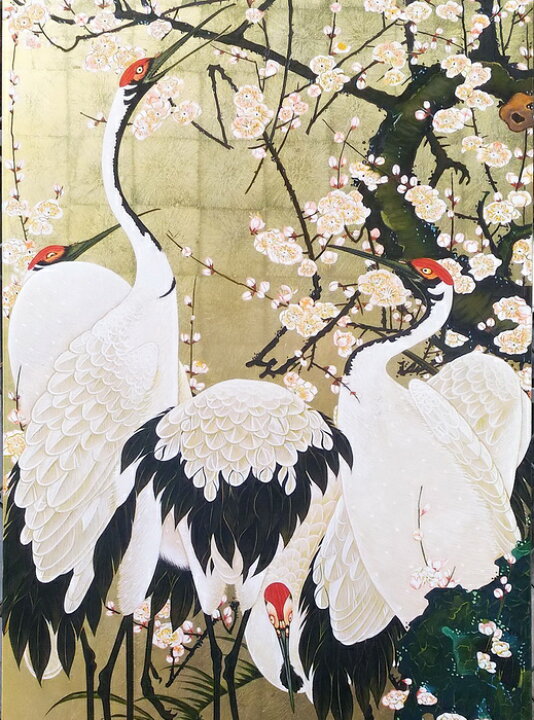 鶴 絵画 漆絵 伊藤若冲の名作 梅花群鶴図 NH315 絵画制作専門
