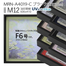 油彩額縁　MRN-A4019-C　ブラック（高さ50mm）　M12 号(606×410)　13mmネジ付 （UVカットアクリル仕様・アルミ製・油絵用額縁・キャンバス用フレーム）