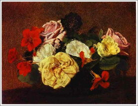 手描き 油絵 複製画　アンリ・ファンタン＝ラトゥール「花瓶に活けた薔薇と金蓮花」 額付き 送料無料