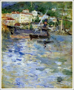 手描き 油絵 複製画 ベルト・モリゾ「ニースの港」 F8(45.5×38.0cm) サイズ 額付き 送料無料