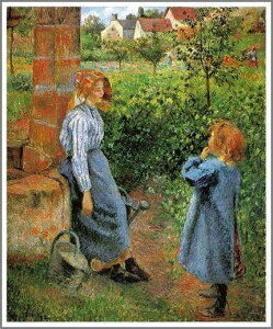 手描き 油絵 複製画 カミーユ・ピサロ「井戸端の女と子供」 F8(45.5×38.0cm) サイズ 額付き 送料無料