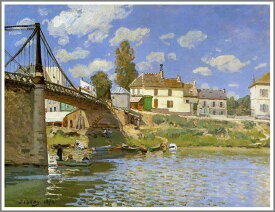 手描き 油絵 複製画 アルフレッド・シスレー「ヴァルヌーヴ・ラ・ガレンヌの橋」 F8(45.5×38.0cm) サイズ 額付き 送料無料