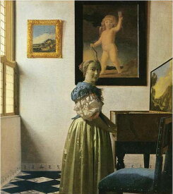 手描き 油絵 模写 複製画 ヨハネス・フェルメール「ヴァージナルの前に立つ女性」 F15(65.2×53.0cm)サイズ プレゼント ギフト 贈り物 名画 オーダーメイド 額付き