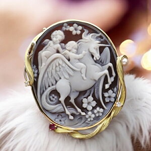カメオブローチ&ネックレス 18金 プラチナ900 ダイヤ ルビー 本真珠 ユニコーン 一角獣 天使 エンジェル シモネッリ作 ファンタジーカメオ カメオ アクセサリー 高級 ギフト お誕生日 プレゼ