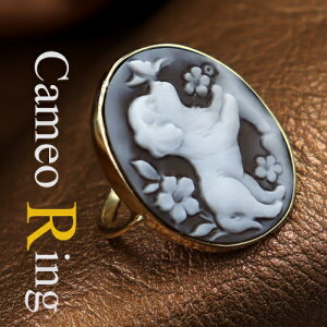 カメオリング 18金ゴールド 犬の図柄 シェルカメオ シモネッリ作 可愛いワンちゃん 大きなカメオリング 指サイズ11〜14号に装着可能 カメオ アクセサリー 高級 ギフト お誕生日 プレゼントに