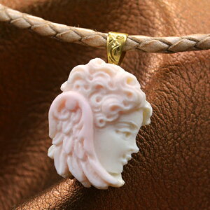 ピンクカメオ ペンダント ネックレス 18金ゴールド 天使 エンジェル 彫刻家バルザーノ作 コンク貝 イタリア カメオ アクセサリー 高級 ギフト お誕生日 プレゼントにもオススメ!! レザーネッ