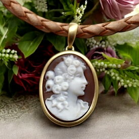 カメオネックレス 18金 ゴールド 女神フローラ 花と春の女神 女性人物像 アンティークデザイン イタリア 彫刻家アゴスティーノ カメオ アクセサリー 高級 ギフト お誕生日 プレゼントにもオススメ！！品質保証書/カメオ作家保証書/カメオデザイン手提げ袋付 送料無料