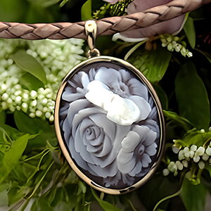カメオペンダント&ネックレス 18金ゴールド枠付 お花の美しいシェルカメオ Lジャンニーニ氏製作 立体的なお花カメオ 18K レザーネックレス付 カメオ アクセサリー 高級 ギフト お誕生日 プ