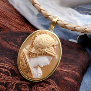 軍神マルス カメオペンダント&ネックレス 18金ゴールド シェルカメオ ジュテス氏製作 メンズ&レディース レザーネックレス付 カメオ アクセサリー 高級 ギフト お誕生日 プレゼントにも