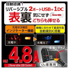 USBソケット 自動認識インジケーター 自動認識インジケーター リバーシブル 2ポートUSB+1ソケット 4.8A ブラック 12V車用 プロキオン DL-14