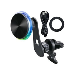 レインボーイルミマグネットワイヤレスホルダー A/C エアコン取付 マグセーフ 最大15W 強力磁石 角度調節 充電器 1.2M 車内 スマホ セイワ D636