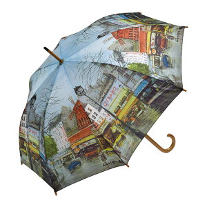 ハロウィンSALE【クーポンで9%OFF】 名画木製ジャンプ傘(ジョルジュ B. 「パリストリート」)雨傘 レディース 長傘 木製ハンドル おしゃれ かわいい