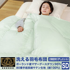 洗える羽毛布団 《2枚合せ》 セミダブル ポーランド産ホワイトマザーグースダウン95% (440dp以上) 合掛1.0kg、薄掛0.6kg 【6つ星プレミアムゴールド取得】【グッドふとんマーク取得】