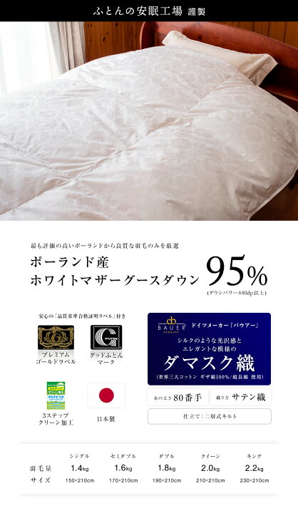 楽天市場】最高級 羽毛布団 《バウアー》 ポーランド産ホワイトマザー 
