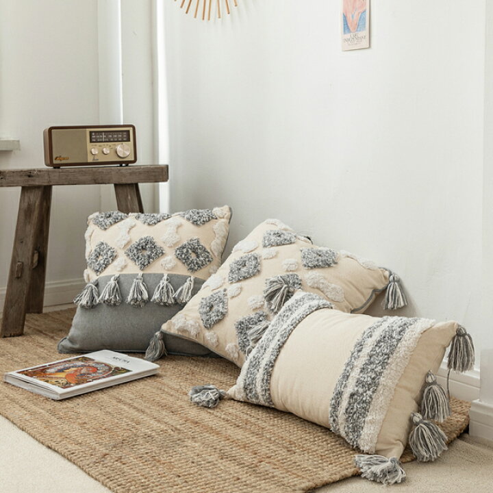 楽天市場 ホワイト グレー タッセル クッションカバー Art Of Black Art Of Black