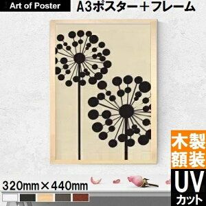 【北欧style | LOVELY POSTERS UV80%カット 本格派プレミアム木製額装アートポスター A3サイズ】Black Dandelion (320×440×24mm) -おしゃれインテリアに- 安心の国産額・UV80%カットの2mm厚アクリル板仕様・ア