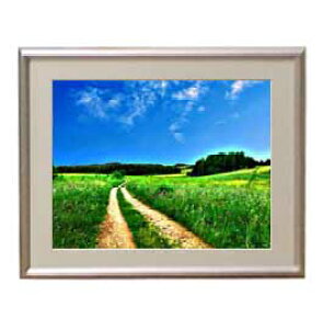 【油絵 直筆仕上げ】野原の道 アートフレーム:色シルバー サイズ 額入りS 310×260mm 【布キャンバス・額表面保護板】 油彩 風景画 オリジナルインテリア絵画 風水画