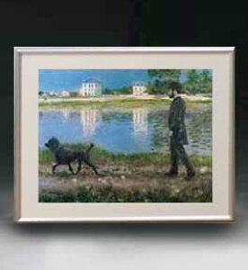 【油絵 直筆仕上げ】カイユボット リチャードギャロと彼の犬、プチジェヌヴィリエにて アートフレーム サイズ 額入りM 【油彩 布キャンバス 国内生産】 絵画 販売 風景画 511×418mm 複製画 送