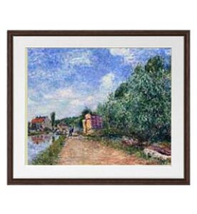 【油絵 直筆仕上げ】シスレー 運河、運搬所の道 アートフレーム サイズ 額入りL:ブラウン 【油彩 布キャンバス 国内生産】 絵画 販売 風景画 651×541mm 複製画 送料無料