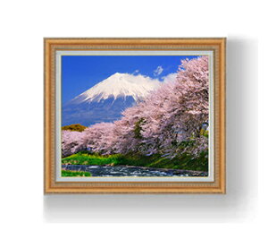 【油絵 直筆仕上げ】富士山 -桜-　F12サイズ 【額縁付】　油彩　風景画　オリジナルインテリア絵画　風水画　額縁　757×656mm　送料無料