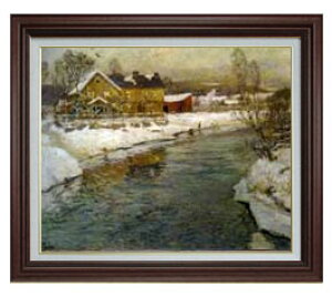 【油絵 直筆仕上げ】フリット・タヴロー 雪の中の運河コテージ F15 【油彩 国内生産 インテリア】絵画 販売 15号 風景画 ブラウン額縁 800×678mm 複製画 送料無料 プレゼント ギフト 開店祝い