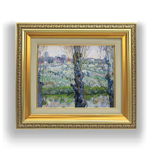 ゴッホ アルルの見える花咲く果樹園 F3サイズ  油絵直筆仕上げ 418×366mm 額縁ガラス板 ｜ 絵画 アート インテリア 壁掛け複製画 油彩画