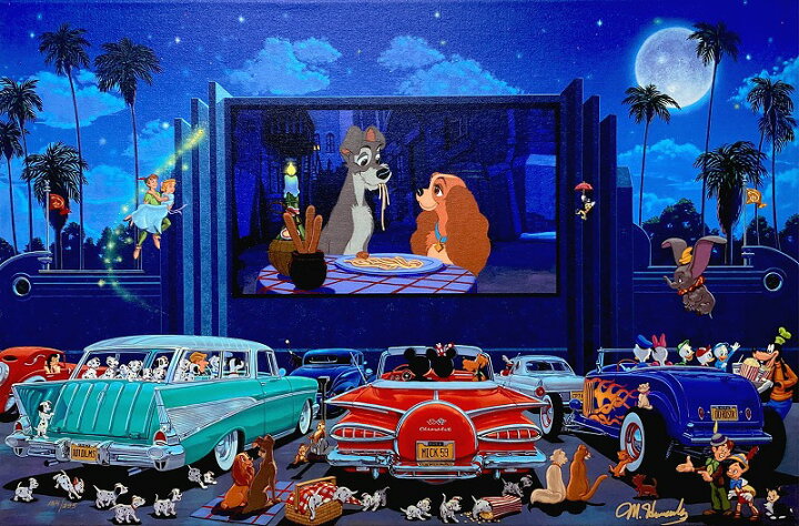 楽天市場 ディズニー絵画 わんわん物語 映画の夜 限定295部 キャンバスジークレ額縁5種展開 作品証明書 展示用フック付 輸入品 アートショップ フォームス