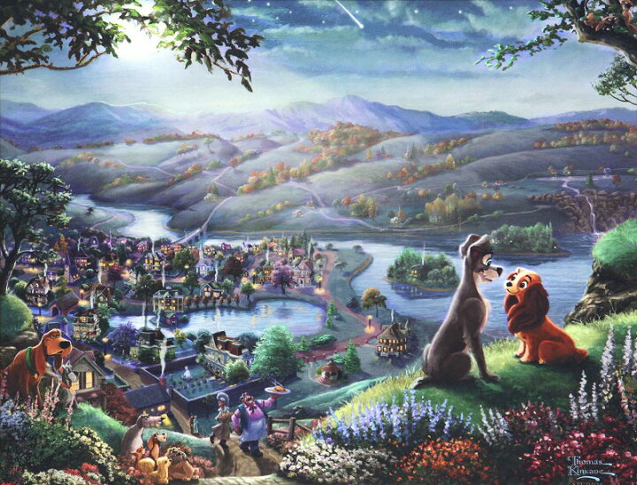 Thomas Kinkade きつき 油彩画ディズニー わんわん物語 55×45×5cm