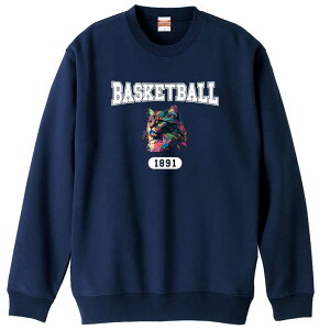 バスケ トレーナー スウェット メンズ レディース ジュニア 裏パイル 練習着 おもしろ 名入れ おしゃれ 文字入れ無料 綿100% キッズ 大きいサイズ 「レトロなレインボー猫とバスケロゴ」 ア