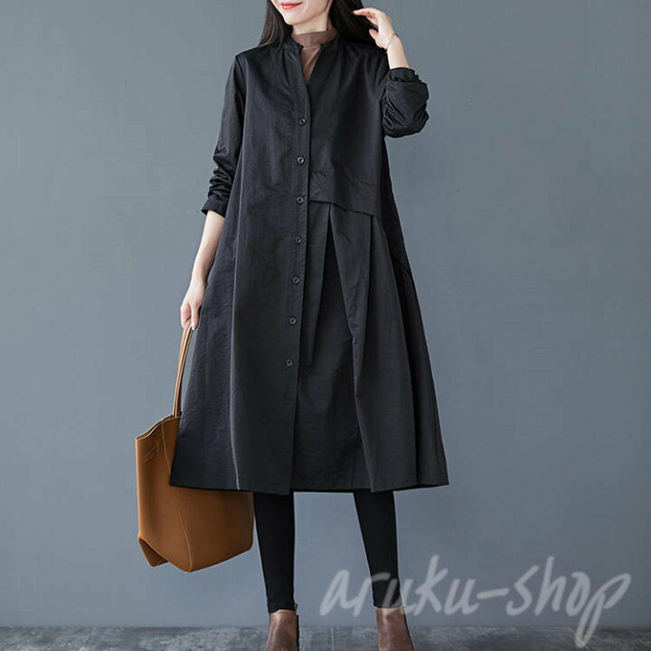 楽天市場】秋 春 薄手 Aライン 立ち襟 ワンピース ロングシャツ 