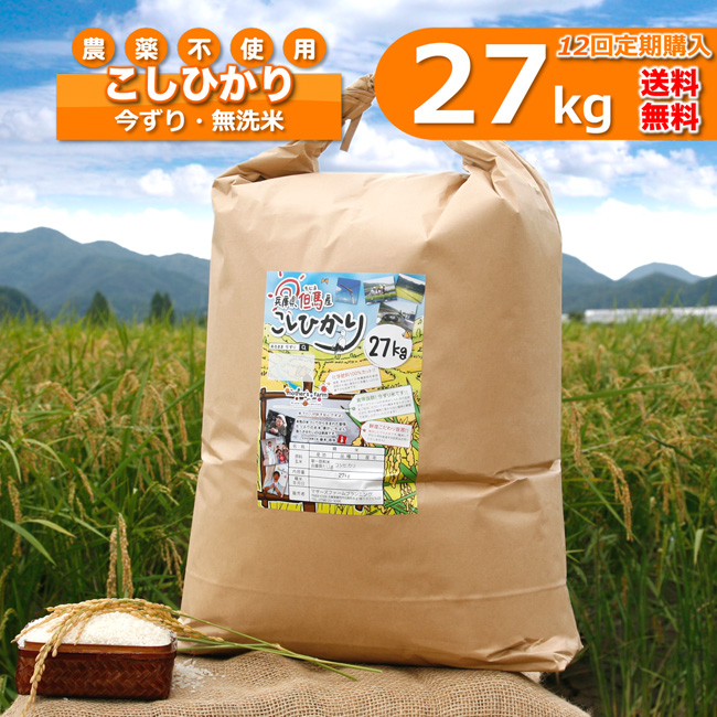 開店記念セール 無洗米 27kgx12回 玄米 白米 今ずり米 農薬不使用 コシヒカリ 令和4年産 送料無料