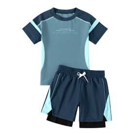 [Suerba] 子供 水着 男の子 ラッシュガード 半袖 ショートパンツ ジュニア水着 上下 水遊び (ブルー, 5XL(150-160cm))