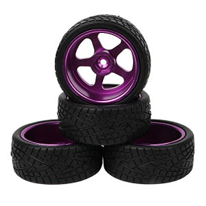 【送料無料】Mxfans 4個入れ ブラック フィッシュパターンゴムタイヤ & パープル アルミ合金 5スポークホイールリム RC 1:10オンロード車用