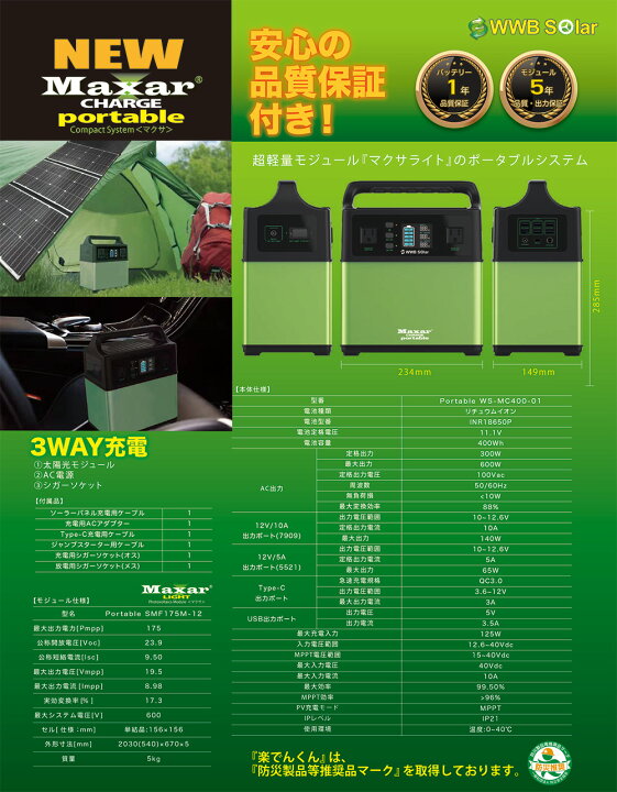 楽天市場】バッテリー 充電器 WWB 楽でんくん 本体/パネルセット 400wh  