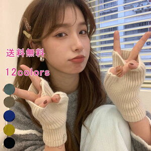 指なし手袋 ハンドウォーマー 手袋 レディース 防寒 防風 保温 半指 無地 ニット リブ編み ロゴ 英字 秋 冬 スマホ対応 黒 レッド ブルー 暖かい かわいい 作業 通勤 OL 通学 送料無料