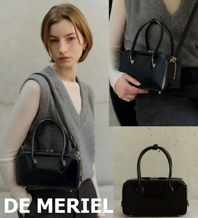 de MERIEL ドゥメリエル 韓国ベスト商品 Bowling Bag Medium Box Black ボウリングバッグ ミディアムサイズ ボックスデザイン 韓国ブランド おしゃれ シンプル レディース メンズ 新作 人気 トレンド ブラック