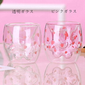 猫爪カップ 断熱 二重ガラス 高硼珪酸塩カップ かわいい食器 パビーナ ロゴ サクラ 桜 さくら 花びら 花弁 電子レンジOK 電子レンジ 可能 ダブル ウォール グラス キラキラ 透明 クリア 華やか 水筒 桃 ピンク 春