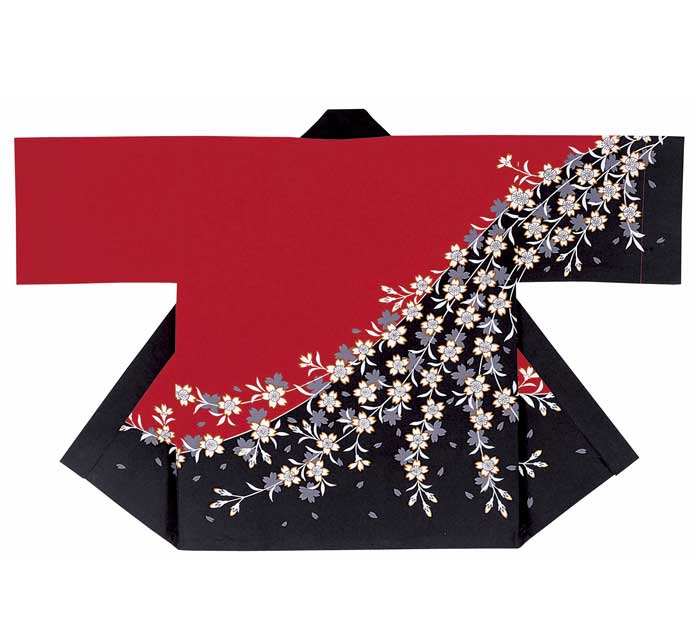100％品質法被 半纏 赤 黒 枝垂れ桜 桜 はっぴ ハッピ 祭 (oコ7577) よさこい 衣装 祭り まつり 大人 袢纏 