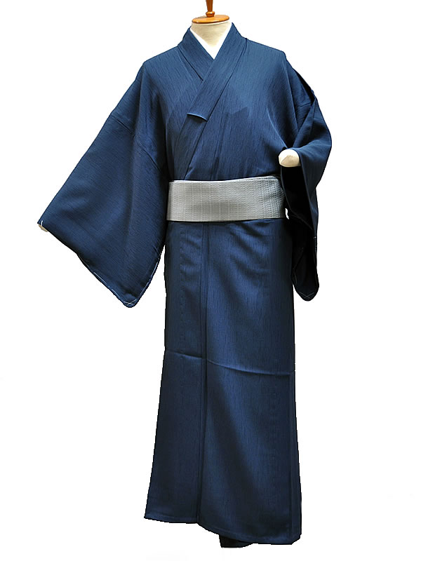 男物　仕立上り ポリエステル　無地 単衣 着物　- 藍色 -　[ 1506-1854 ]　きもの 夏 なつ 洗える 男性 メンズ 紳士 シンプル むじ 既製品 青 すぐ着られる 普段着 カジュアル 日本製