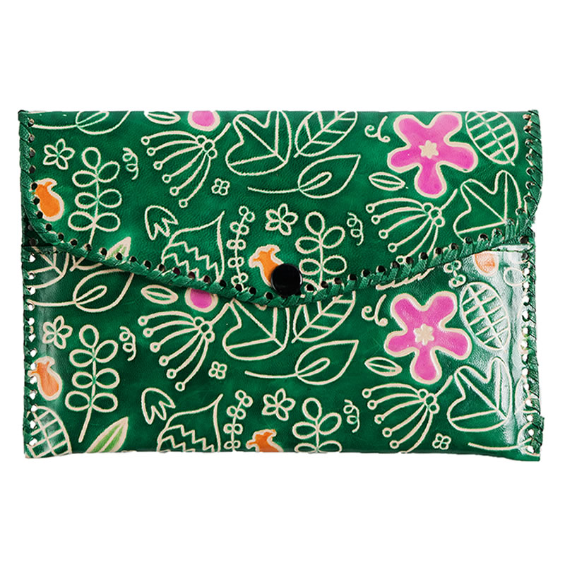 フェアトレード 雑貨 インド 山羊革 緑 アウトレット送料無料 ボタニカルポップ柄 財布パース 日本