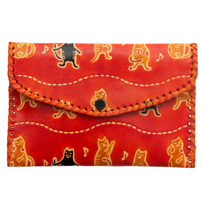 メイルオーダー フェアトレード 雑貨 インド 山羊革 オレンジ 財布パース コーラス猫柄 メイルオーダー