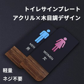 トイレプレート トイレサイン 男女セット 24×10cm すりガラス風 アクリル トイレマーク オシャレ ナチュラル ステッカー ドア テープ 男 女 シンプル スタイリッシュ 手洗い オフィス 北欧 ブラック 黒 木目調 ドアプレート